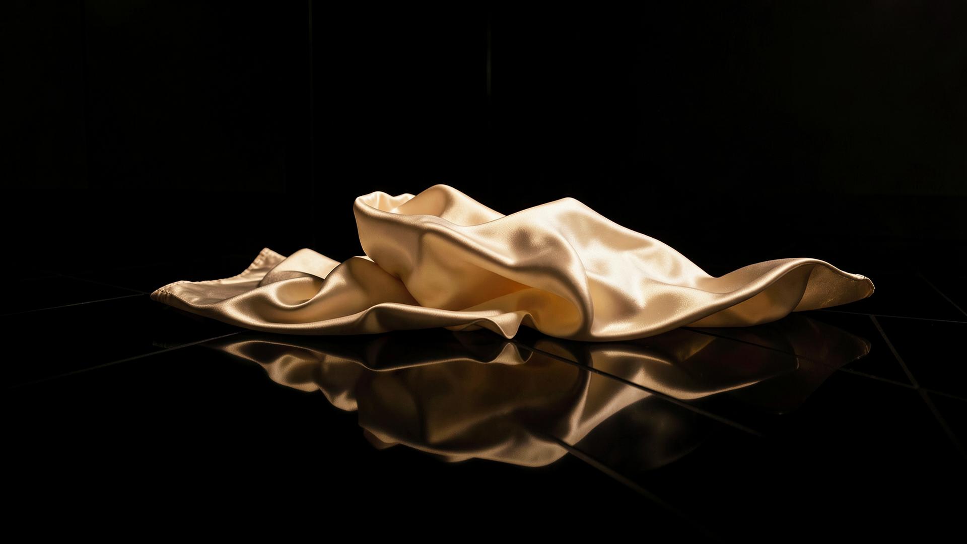 Folded silk and gold jewellery in low light